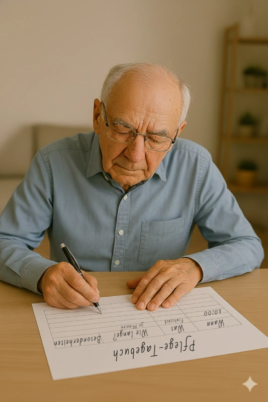 Ein pflegebedürftiger Mann füllt seinen Pflegetagebuch aus