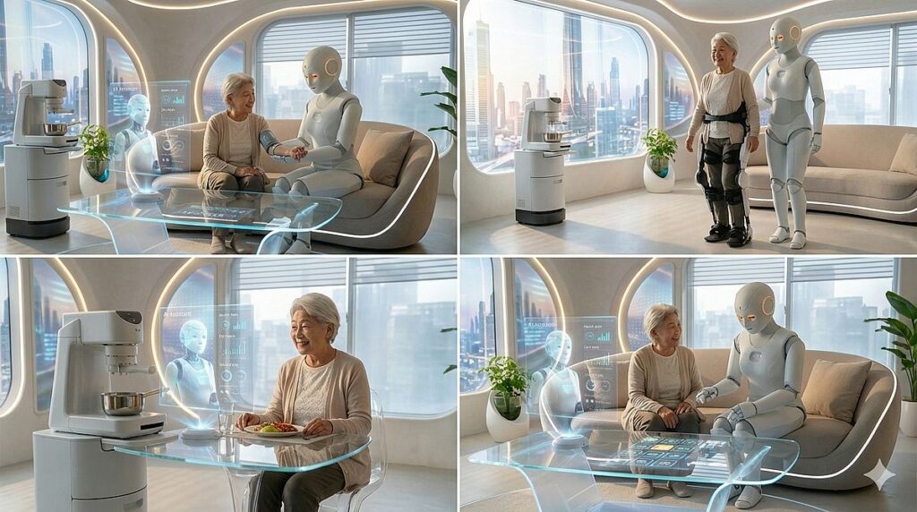 Die pflegegerechte Wohnung im Jahr 2046 mit humanoiden Roboter, Haushaltshilfen und medizinischer Versorgung