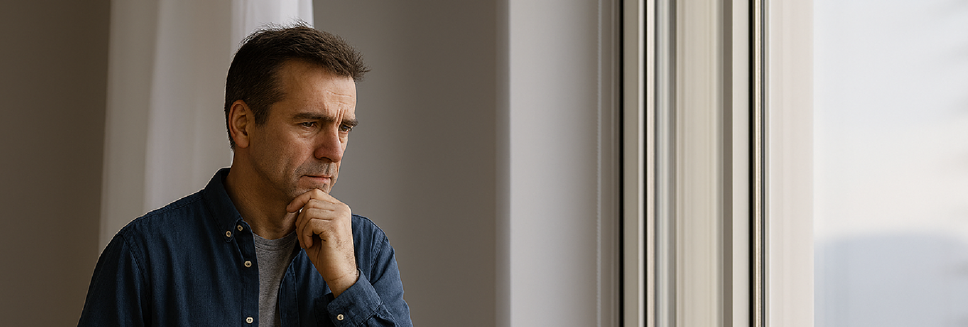 Älterer Mann denkt über die Pflege nach