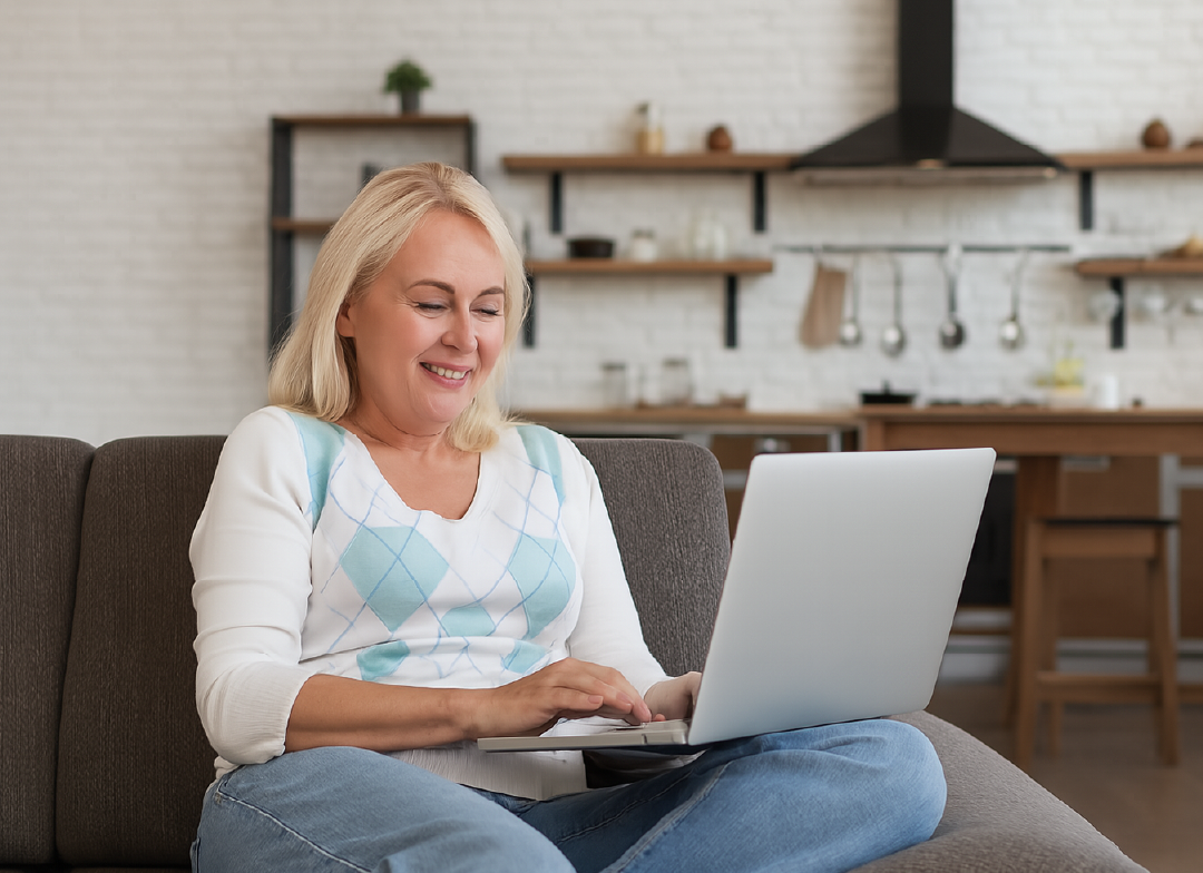 Entspannte Frau lehnt sich zurück und lässt CuraData die Arbeit erledigen